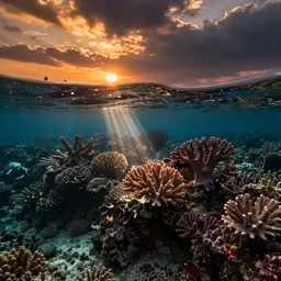 an underwater split shot photograph of a coral reef at sunset, photograph by alex mustard