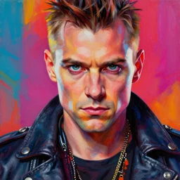judge dredd character, professional photo, psychedelic vibrant colors, futuristic punk rock fashion, highly detailed oil painting by michael whelan art, perfect face, sharp focus, detailed eyes, realistic, leather jacket, 8 k, dynamic lighting, artstation, unreal engine 5, michael whelan