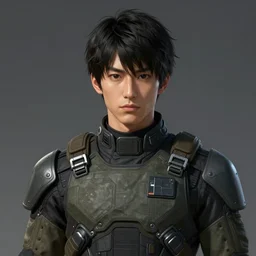 Portrait of a man by Greg Rutkowski, he is about 20 years old, japanese, short black hair with bangs, young, manly, attractive, slim, he is wearing futuristic military fatigues, highly detailed portrait, scifi, digital painting, artstation, concept art, smooth, sharp foccus ilustration, Artstation HQ