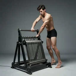 a perfect portrait photograph, of a twisting man, being fed into a mangle. perfect focus and studio lighting.