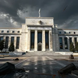 wide angle shot of the federal reserve in an apocalyptic scene, hd, volumetric lighting, 4 k, intricate detail, by jesper ejsing, irakli nadar