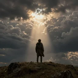 the fool on a hill looking at the apocalypse, dramatic light, epic clouds, john martin, apocalyptic, end of times, biblical