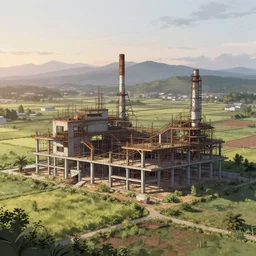 a beautiful detailed anime illustration of farmland unfinished building architecture nature urbex industrial architecture by bjarke ingels, at dusk, archdaily, wallpaper, highly detailed, trending on artstation.