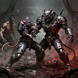 art in hellish style, rat in power armor, fights withs incels, and making much pain
