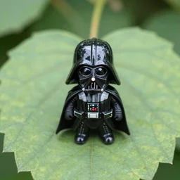 Small Darth Vader dwarfed by a leaf, in a garden, macro photography