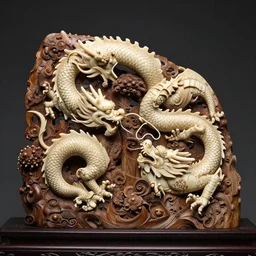 an ivory carving sculpture of a chinese dragon winding around intricate wooden structures