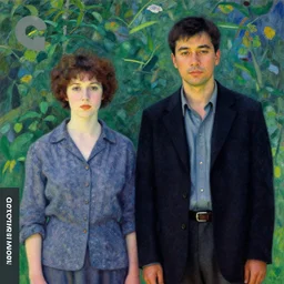 a man and a woman standing next to each other, a colorized photo by gong kai, trending on flickr, cloisonnism, movie still, criterion collection, filmic