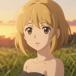 anime art, anime key visual of elegant young female, close up at face, short blonde hair and large eyes, finely detailed perfect face, standing in the grass at sunset, golden hour sunset lighting, background blur bokeh!!, trending on pixiv fanbox, studio ghibli, extremely high quality artwork, 4 k