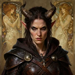 closeup portrait of a surly and resentful female tiefling thief with small horns clothed in leather armor and a cloak, angry expression, by Greg Rutkowski and John Collier and Krenz Cushart and Artem Demura and Alphonse Mucha and Albert Aublet, as seen on ArtStation, 4k, dungeons and dragons, very aesthetic, very detailed, intricate, unreal, fantasy, dramatic, painterly, artstation, sharp focus, smooth