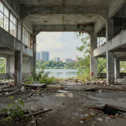 a beautiful photorealistic painting of building interior view city urbex abandoned architecture industrial architecture nature by benedek vass, matte painting lake tokyo, archdaily, wallpaper, highly detailed, trending on artstation.