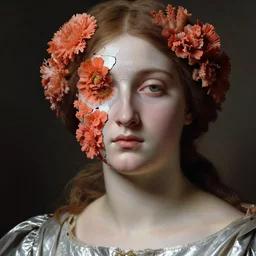 hyperrealism close - up mythological portrait of a medieval woman's shattered face partially made of coral color flowers in style of classicism, pale skin, wearing silver dress, dark and dull palette