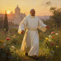 oil painting portrait of a happy joyful rejoicing tonsured dominican monk in a white habit, striding through a flourishing garden at sunset with a monastery in the background, hazy, digital art, chiaroscuro, artstation, cinematic, golden hour, digital art painting by greg rutkowski, hazy atmosphere, flowers, cinematic lighting