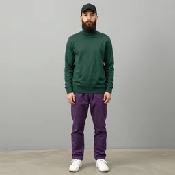 a young man with a chin - style dark brown beard without mustache in a dark black cap, green turtleneck, purple pants and white sneakers in full height, beautiful face