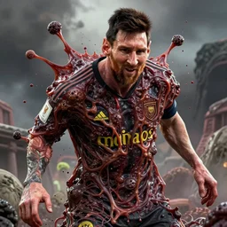 messi's disgusting true form bursting from within, gross, slimy, sleazy, pustules, high details, intricate details, by dan mumford
