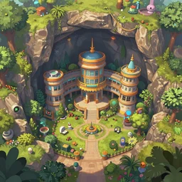 worm's eye view of overwatch headquarters carved inside a mountain surrounding a lush well kept garden, magical, natural light, fantasy, sharp focus, concept art, by greg rutkowski and craig mullins, cozy atmospheric