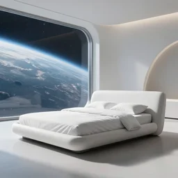 a white futuristic bed in a futuristic minimalistic room with a huge window overlooking space, photorealistic, cinematic, octane render