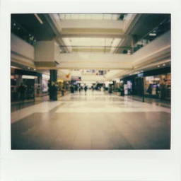 polaroid photo of a empty mall in 80's, soft vinatge glow, nostalgic blurr