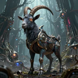 intricate overlord anime goat , on the background of a weird magical mechanical forest. Very detailed 8k. Fantasy cyberpunk horror. Sharp. Cinematic post-processing