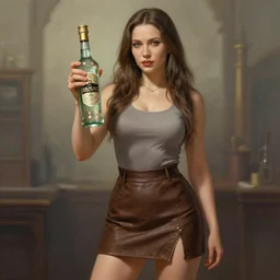 putin holding a bottle of arak, wearing a mini skirt, cinematic, beautiful digital painting, hyper detailed