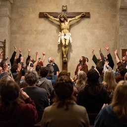 People reacting to seeing Jesus raised from the dead.