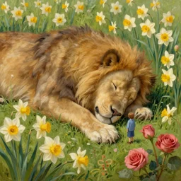 a sleeping giant in a field of daffodils and roses two tiny humans are standing at his head while he slumbers away, dreaming painting