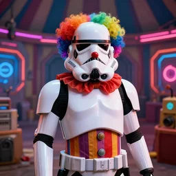 portrait of stormtrooper clown, colorful, scifi, circus background, cinematic, dramatic light, high detail, raytracing, neon light, inside a messy room, masterpiece