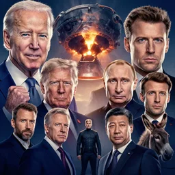 avengers - style movie poster with faces of biden, trump, putin, xi jinping, macron, donkey, nuclear bomb in the background, cinematic, realistic, high quality