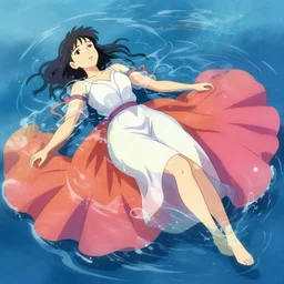 a woman floating in water, beautiful gown, vibrant colors, by Makoto Shinkai and Wojtek Fus, by studio trigger, rossdraws