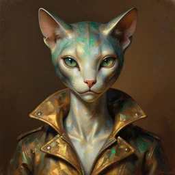 detailed portrait in femininity, alien, feline, realistic face sculpted features, clear eyes, statuesque model, opalescent skin, jacket with high collar, warm glow, bathed in light, chiaroscuro, shimmering highlights, angular impressionism, radiant, deep rich tones, burnt umber and emerald color palette, painterly