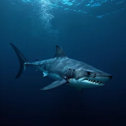 a diver discovers a Megalodon in the dark deep underwater, digital art, trending on artstation