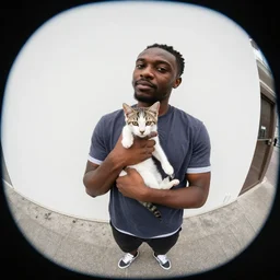a black guy holding his kitten up to the camera in a street, wide angle, fish eye lens photo
