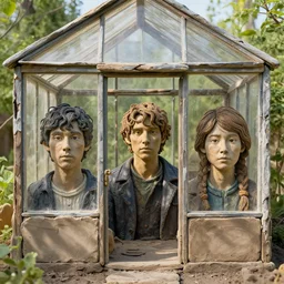 people made of plastic and clay exterior greenhouse, 3 d, portrait face, dappled light, in the style of matt murphy, jeremy enecio, james jean, miles johnston, monet, cynical realism, john william godward, yoshitaka amano, miles johnston, louise zhang, matt murphy, enes dirig, pekka halonen, finnish naturalism, realism