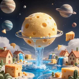 cheese planet with cheese moon, visible planets in the sky, hanging cheese, cheese houses, blue cheese waterfalls, living cheese flying though the sky, Greg Rutkowski, 3d scene, trending on Artstation, 8K, ultra wide angle, pincushion lens effect.