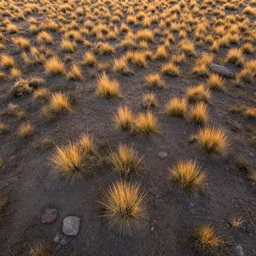 aerial overhead close up shot of badlands plains ground with tuft grass, dirt, rocks in golden hour lighting