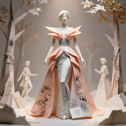 sculpture of a beautiful young female super model resembling rupual made out of origami paper and ceramic wearing a peach tissue paper and silver geometric gown by marc jacobs, paper graffiti, trees made out of origami, ethereal, fantasy, lawrence alma tadema, james jean, oozium, peter morbacher, angelarium, alchemy, luxury, heavenly light, soft illumination, cinematic lighting, very detailed, 3 d octane render, artgerm, trending on artstation, cgi society