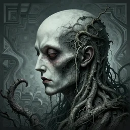 face of cthulu pale bleak colors, background profile photo of vine tentacles tentacles made of vines with vines!!!!!!!!!! 4 : 3 aspect ratio, tentacle monster by beksinski!!, mc escher!!! tessellation!!! artstation