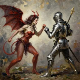 devil succubus is fighting a knight, very detailed, paintings by dariusz zawadzki