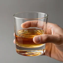 Realistic whiskey glass filled with whiskey in a mans hand