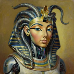 a beautiful painting cyberpunk robot queen of egypt medusa face, by salvador dali realistic oil painting
