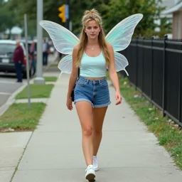 90s accidental vhs footage of a real life adult fairy dressed in casual clothes walking on the sidewalk