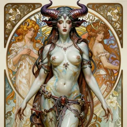 majestic demonic succubus porcelain skin girl movie poster, art style by edmund leighton, tom bagshaw, alphonse mucha, exquisite digital art, iconic, masterpiece, organic painting, photorealistic, ornate and hyper detailed