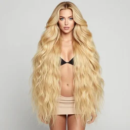 photograph : a very beautiful young woman with 2 0 meters extremely long blond hair, full body, extremely long wavy 2 0 meters long blond hair, sky blue eyes, full round face,, bikini, miniskirt, front shot, extremely long thick blond hair