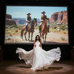 photo, a woman in a giant flowing white dress standing in front of the projection of a vintage cowboy movie, standing inside a dark western rocky scenic landscape, volumetric lighting