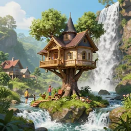 treehouse victorian village in a waterfall, by peter mohrbacher dan mumford craig mullins nekro, cgsociety, pixiv, 3 d render