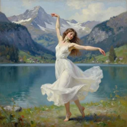 a painting of a young woman dancing in front of a beautiful lake in switzerland, mountains on the background, high quality oil painting artstyle, feminine, delicate, hyperdetailed, in the style of anna dittmann, deviantart, figurative art, deviantart, ilya kuvshinov, lovecraftian