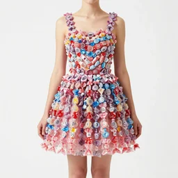 high quality, award winning photo of a woman in a dress. the dress is made out of candy wrappers