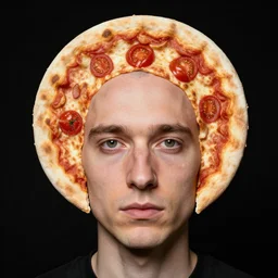 portrait of man with a rare facial deformity making the head flat and circular like a pizza, head looks exactly like a pizza, doughy skin with white pores, blemishes look like tomatoes, soft lighting, sharp focus, highly symmetrical, black background, masterpiece by james van der zee