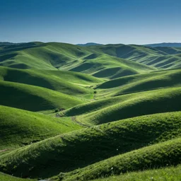 a beautiful photograph of green rolling hills, blue sky, ultra wide angle lens