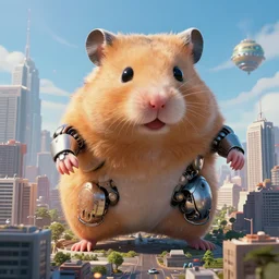 a gigantic hamster cyborg defending a city from godzilla, cgsociety, arstation, highly detailed, 4 k, 8 k