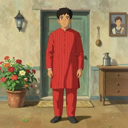 artwork by Michael Whelan, Bob Larkin and Tomer Hanuka, of a solo individual portrait of an Indian person with flowers wearing a 1920s red striped outfit, dapper, simple illustration, domestic, nostalgic, full of details, by Makoto Shinkai and thomas kinkade, wes anderson, wes anderson, wes anderson, wes anderson, wes anderson, Matte painting, trending on artstation and unreal engine